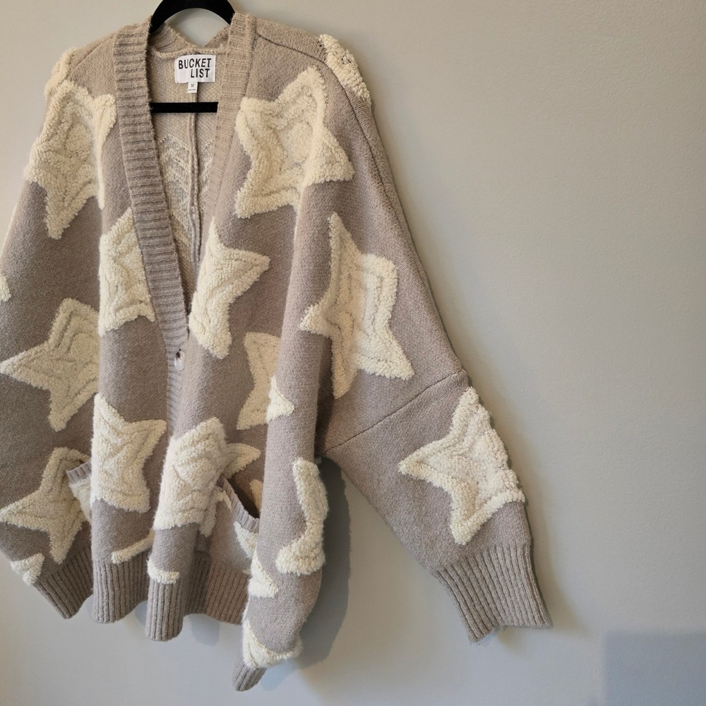 Bucket List Star Pattern Oversized Cardigan Sweater Tan Cream Wool Blend IT1670M - Picture 3 of 8
